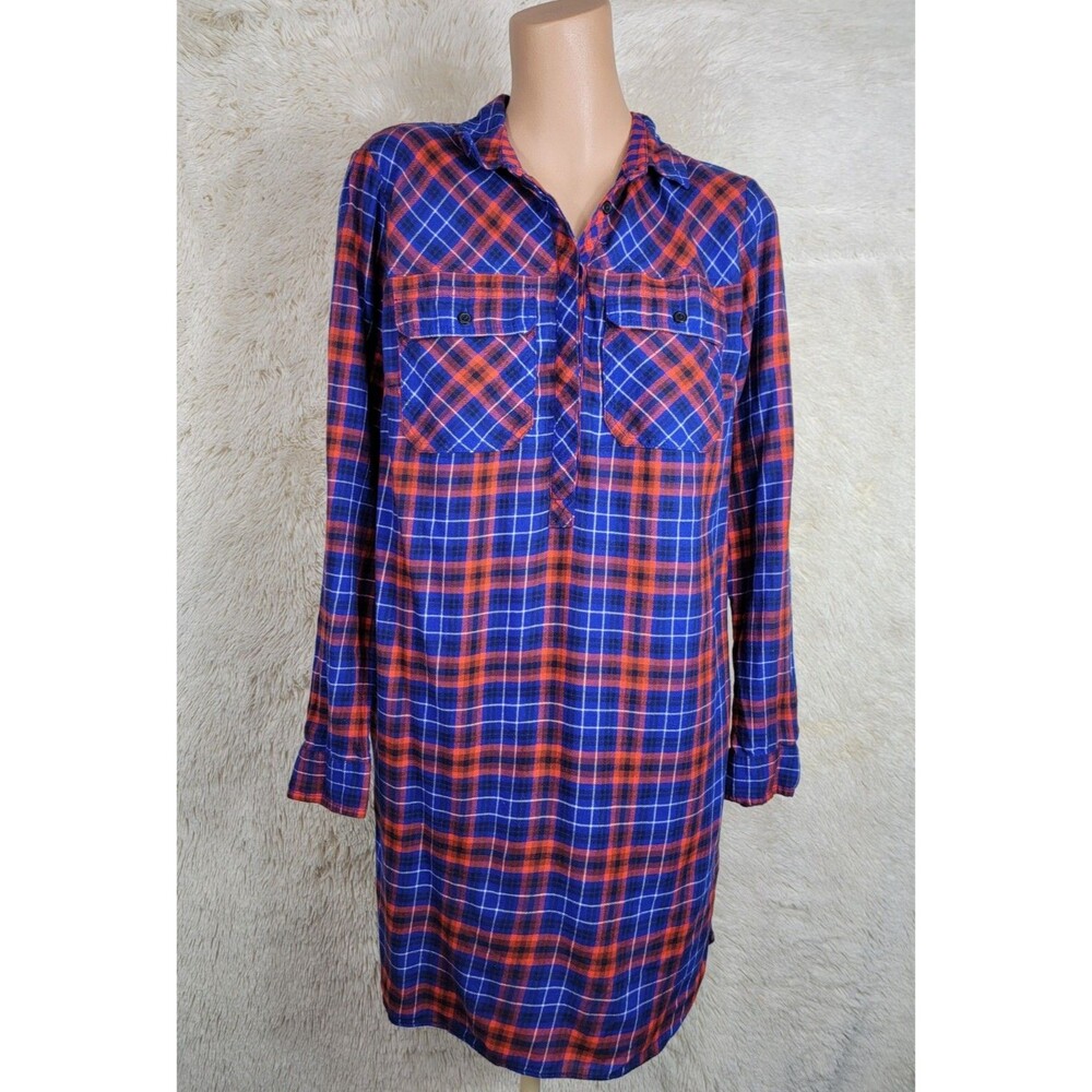 J. CREW Women's Size S Cotton Flannel Shirt Dress Orange & Blue Plaid Pockets D
